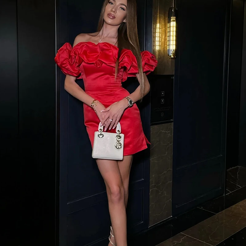 

2024 Red Cocktail Dresses Off Shoulder Ruched Short Prom Birthday Party Gowns Women Dinner Dress Mini Formal Event Gown Custom