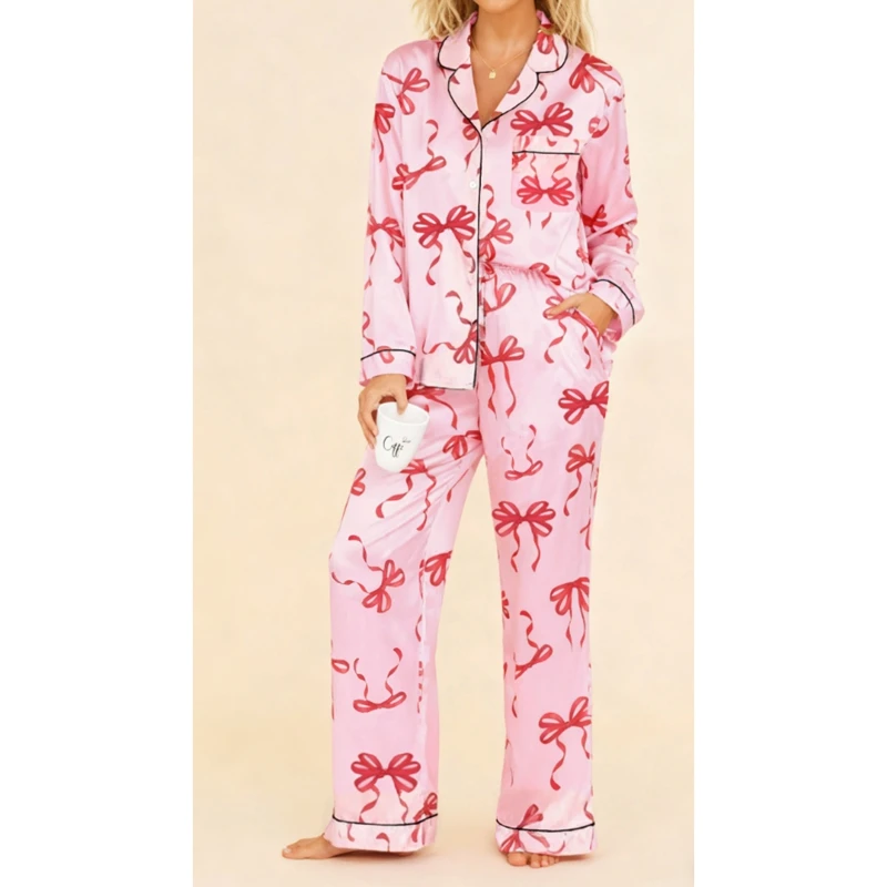 

HEZIOWYUN Women's 2Piece Pajamas Set Bow Print Long Sleeve Button Down Collared Shirt with Straight Pants Satin Silky Loungewear