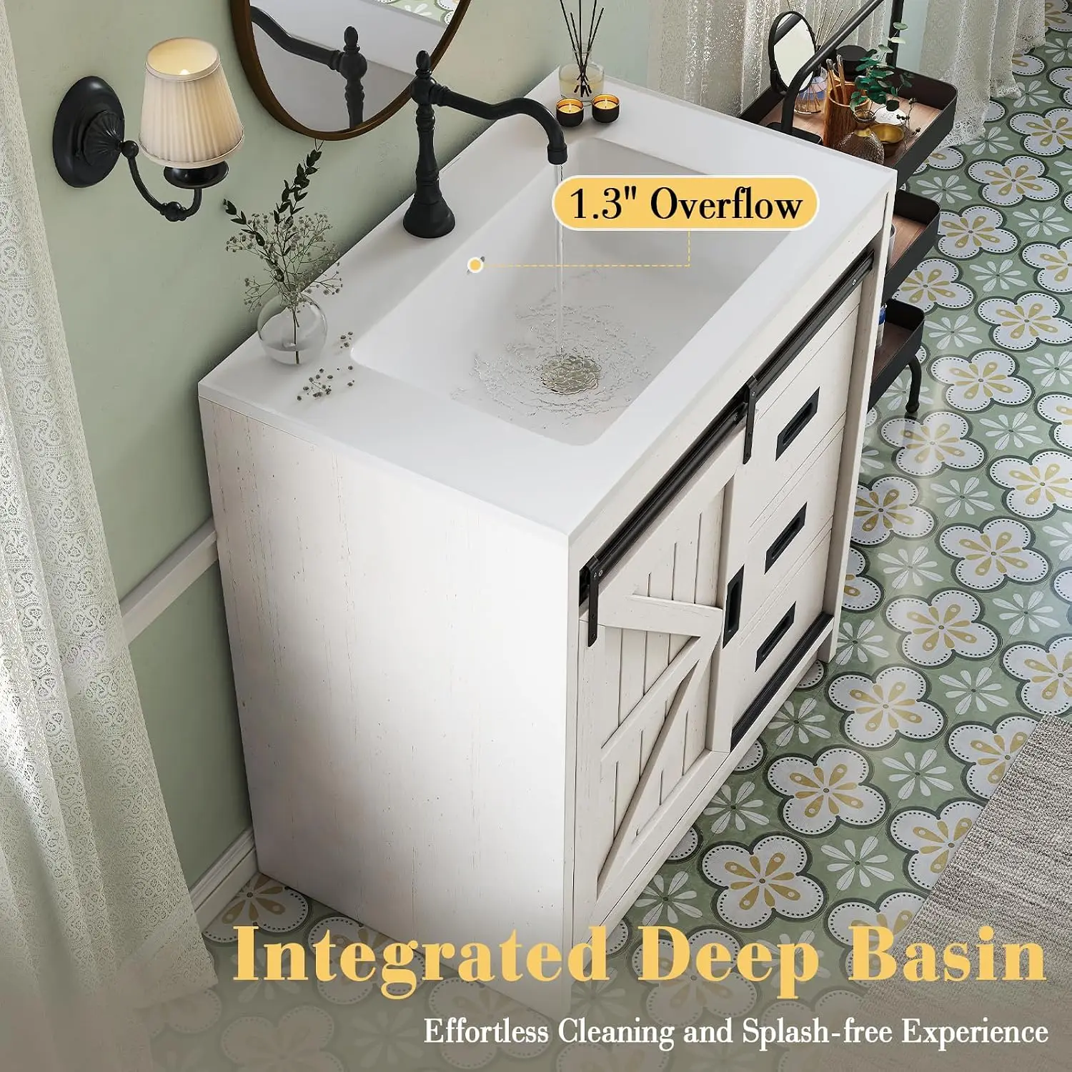 Large Farmhouse Bathroom Vanity With Ceramic Sink Combo, Freestanding Wood Restroom Storage Cabinet Featuring Smooth Sliding Barn Door And Utility Drawers For Small Apartment Home Powder Room, Distressed White - view 4