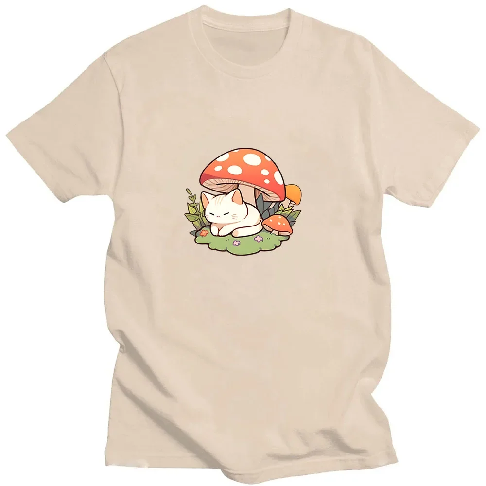 Mushroom Kitty T-shirt  Print Cartoon Anime Tee-shirt Summer High Quality Cotton Tshirt Roupas Femininas Soft Fashion Tees