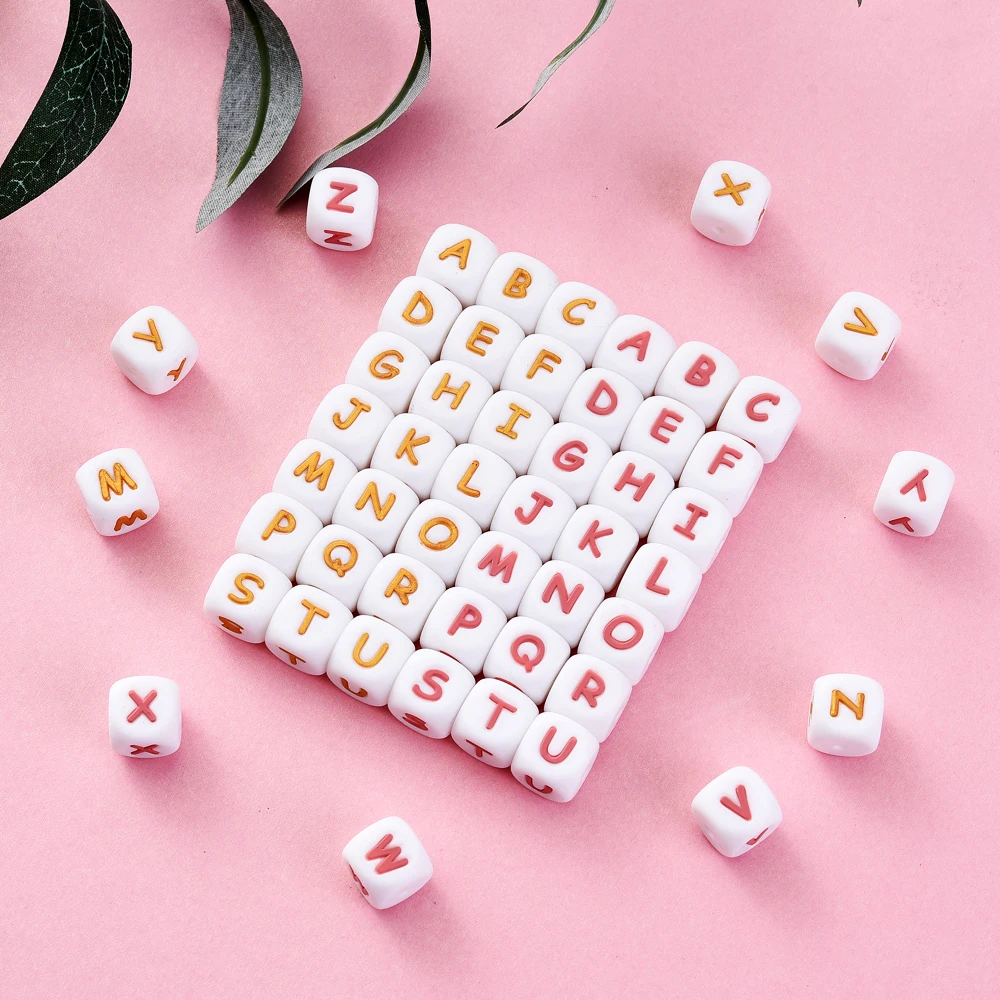 

20Pcs 12mm Silicone Letter Beads Gold Pink Square Alphabet Loose Beads for Baby DIY Pacifier Chain Necklace Bracelet Chew Toy