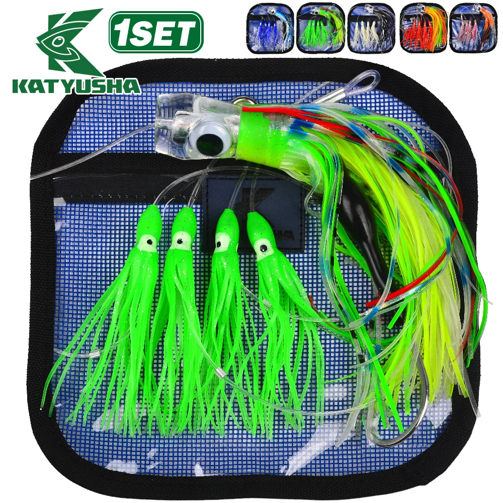 

Katyusha Octopus Skirt Bait Set Realistic Eye Trolling Head 4 Small Octopus Silicone Soft Bait Salmon SeaWater Fishing Lures
