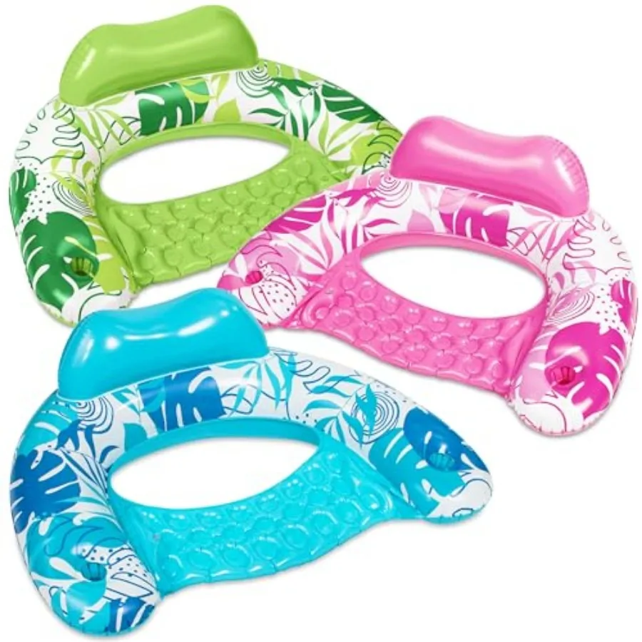 

Inflatable Pool Floats Adult 3 Pack Pool Chairs with Cup Holders Blow up Floats Chair Hammock Noodle Mat Leaves Design for Rela