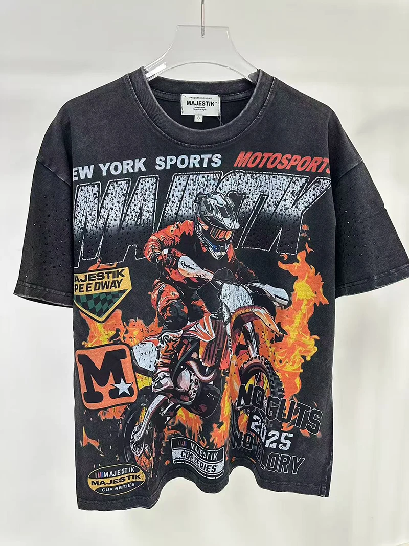 Vintage Washed Fire Print T-Shirts für Herren Y2k Streetwear Lustige Motorsport Dirt Bike Grafik-T-Shirts Sommer Übergroße Unisex-Kleidung – Detail 2