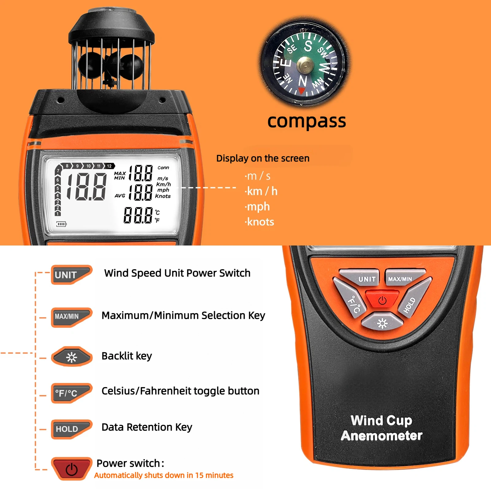 Windbeker-anemometer, weergave van windtemperatuur, windsnelheid/richting/HVAC-weermonitoring met kompas