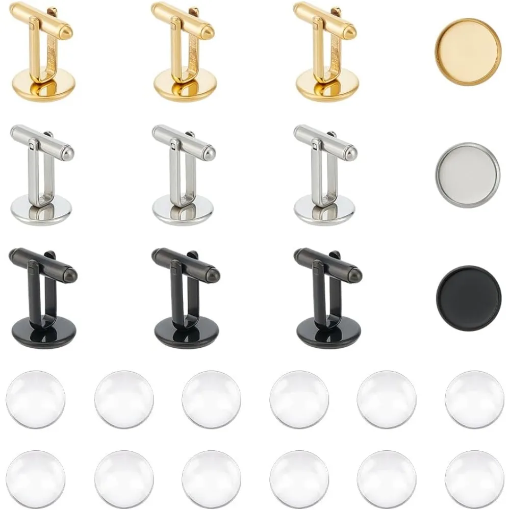 

3 Colors 12 Sets 12mm Blank Dome Cufflinks Making Kit 304 Stainless Steel Cuff Button Round Cabochons Tray Bezel Cufflink
