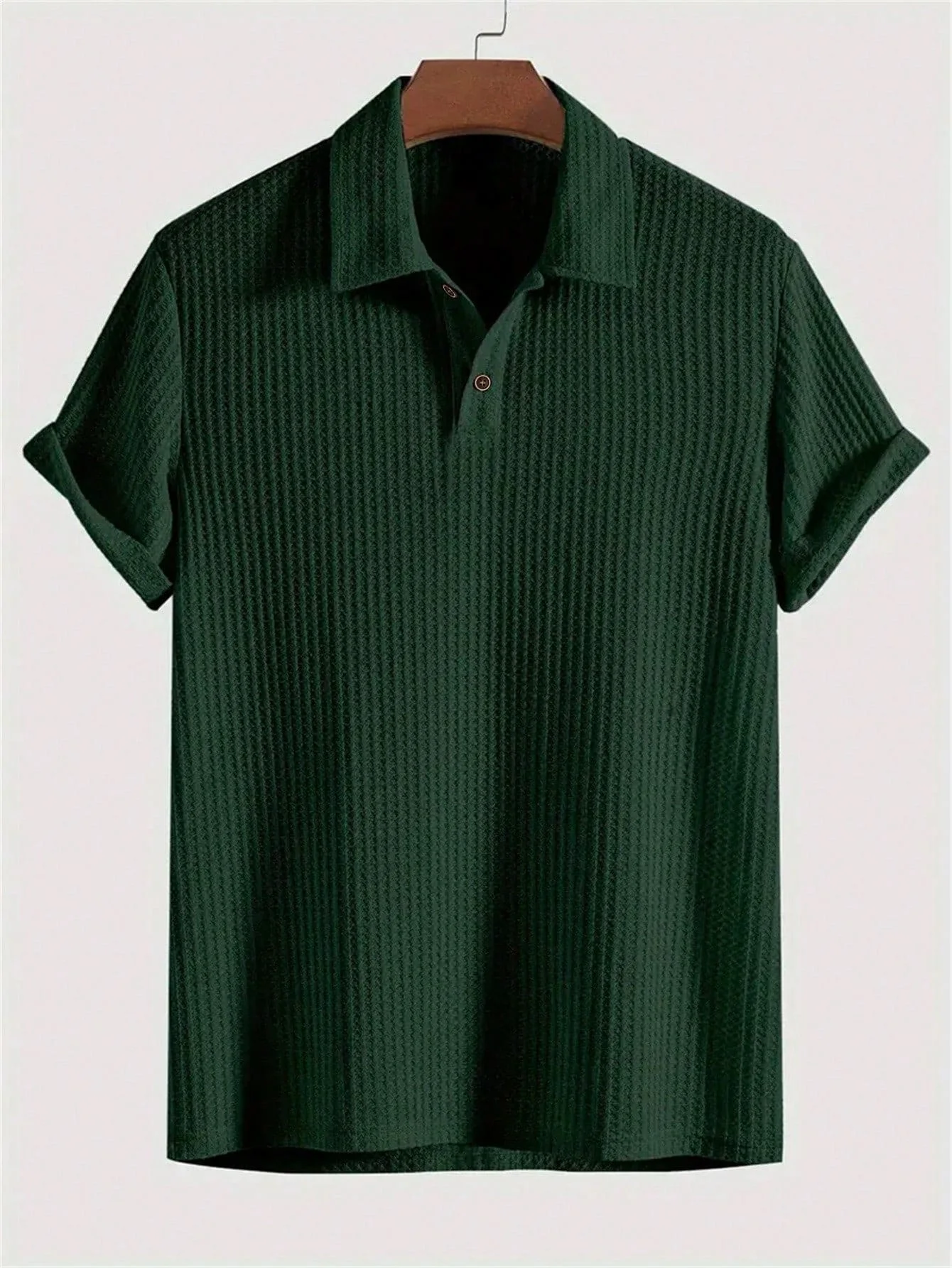 

Men's Dark Green Waffle Knit Short Sleeve Polo Shirt, Casual Elastic Fit for Summer Leisure