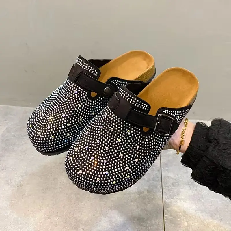 Summer Women Slippers Shining Crystal Platform Mules Casual Party Shoes Female Outdoor Cork Slides Loafers Plus Size 35-45