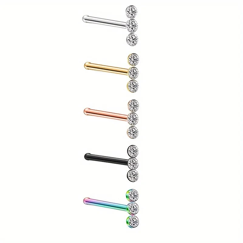 1pcs Colorful Stainless Steel Rod L-Shaped Three Rhinestones Nose Nail Piercing Jewelry  Decoration For Woman and Man