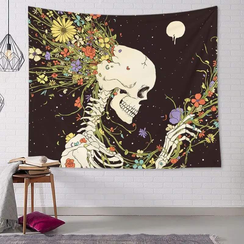 VIKAMA Sugar Skull Floral Skeleton Tapestry Colorful Print Wall Hanging Gothic Aesthetic Bedroom Dorm Decor Polyester Cloth