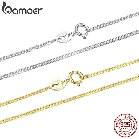 BAMOER Solid Gold Over 925 Sterling Silver Side Chain Necklace for Women Girls, 1.2mm Curb Fine Chain Necklace Repurposed Silver