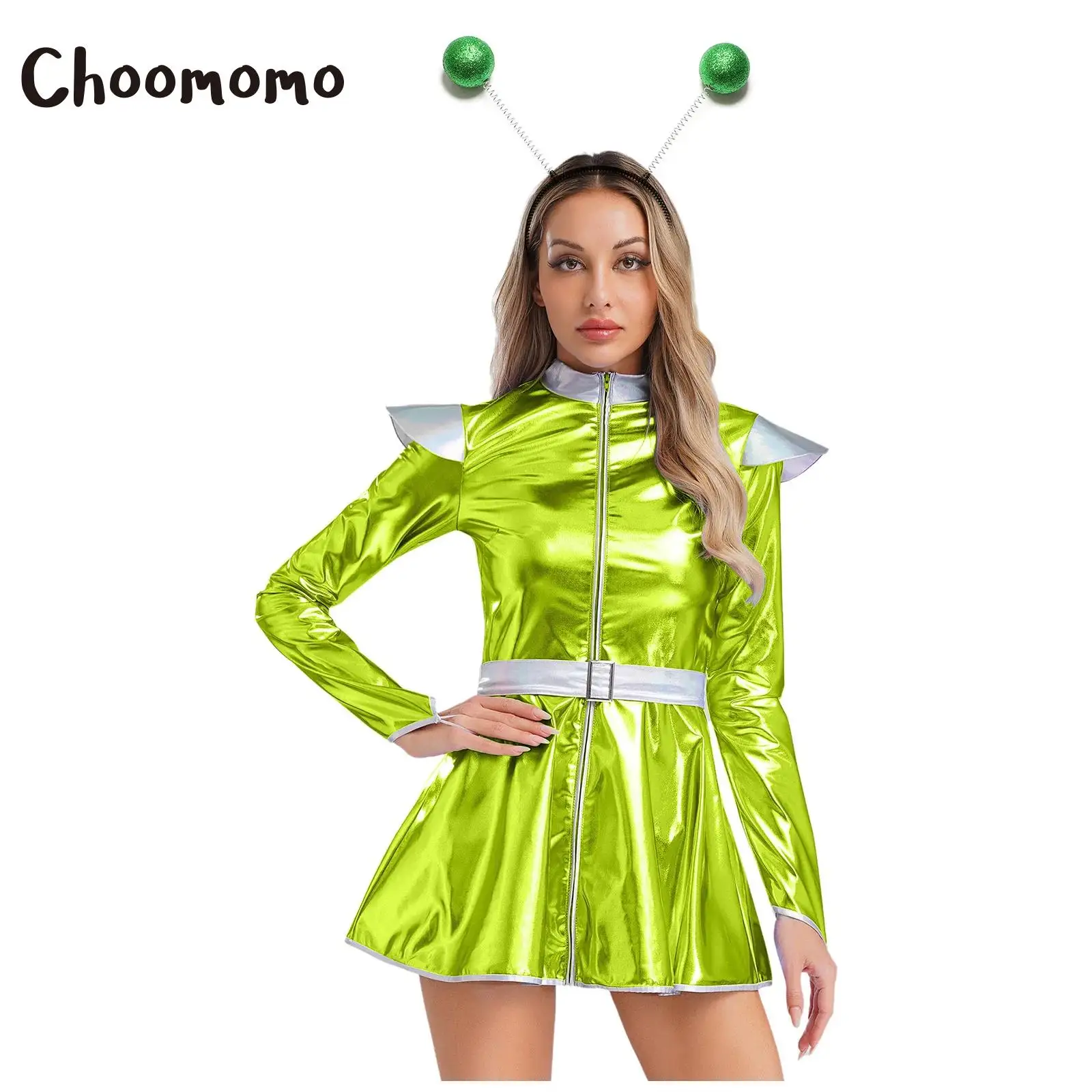 

Women Alien Cosplay Costume Halloween Outerspace Astronaut Dress Up Long Sleeve Zipper Metallic Shiny A-line Dress And Hair Hoop