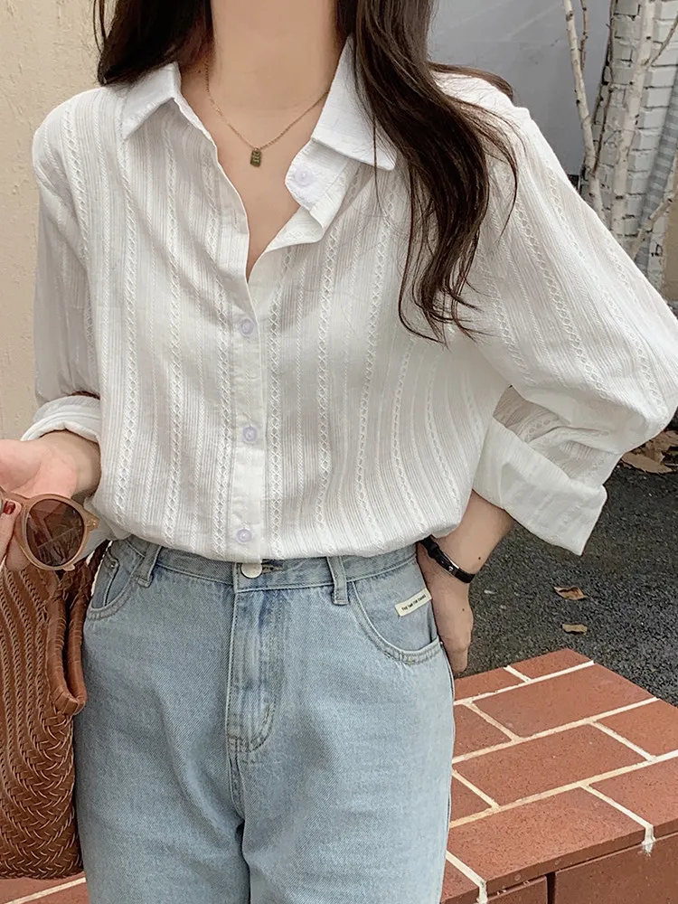 

Long Sleeve White Striped Sun Protection Shirt Thin Design Spring Early Season Women's Fashion Outerwear Lightweight Top