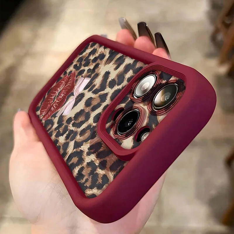 Cheetah Print Animal Sexy Red Lip Bow-Tie Leopard Pattern Phone Case For iPhone 16 Pro Max 15 14 13 12 11 XS X XR 7 8 Plus Cover