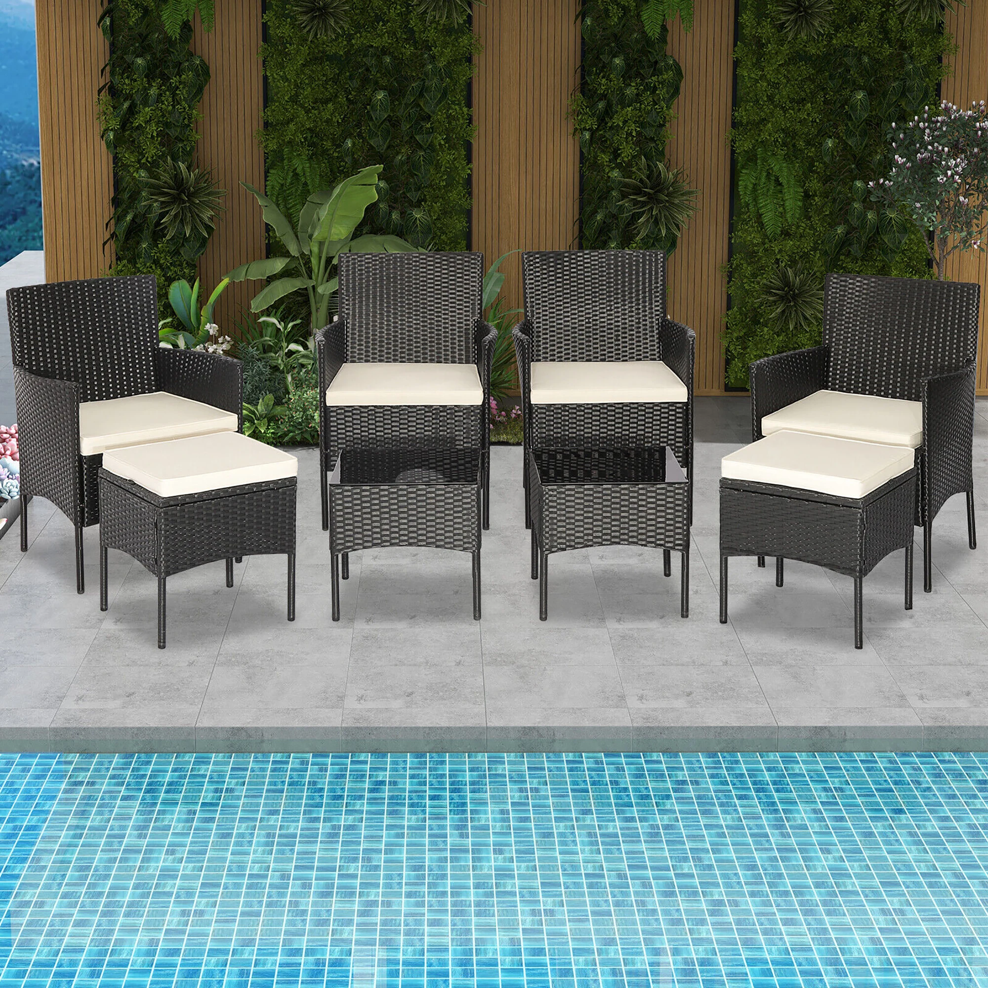 

8PCS Patio Rattan Furniture Set Sofas Ottomans Cushioned Table Free Combination