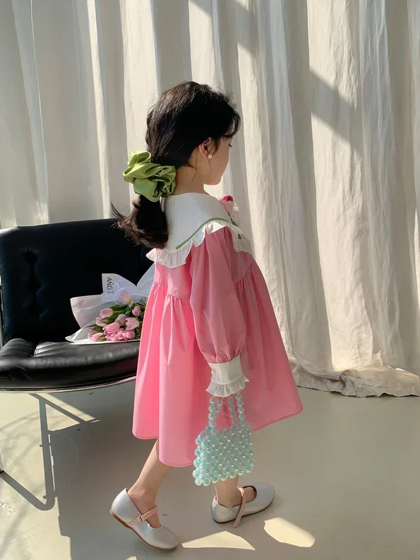 2023 Summer and Spring Korea Style Kids Dress Long Sleeve Ruffled Edge Sweet Cute Pink Trip for Girls