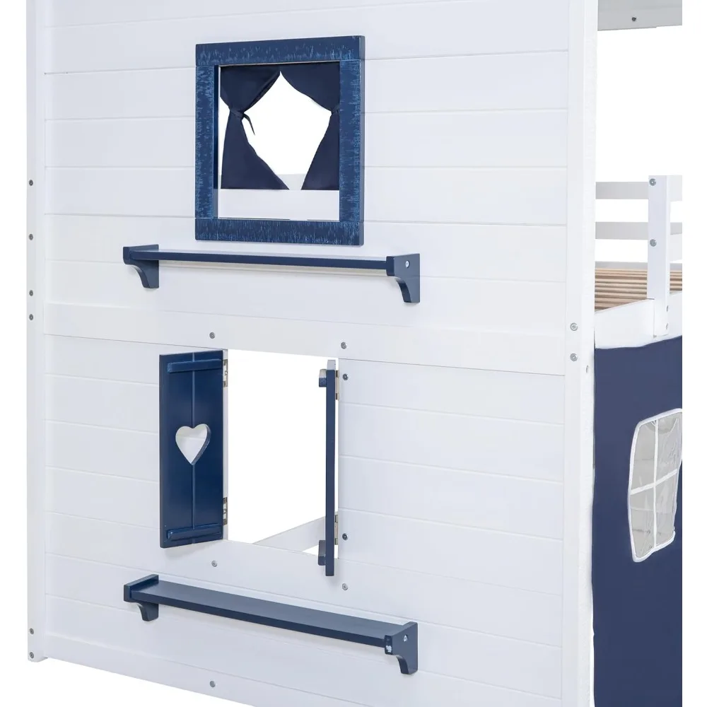 سرير بطابقين منزلي مزدوج الحجم من SOFTSEA للأطفال، سرير بطابقين مزدوج مع خيمة وعتبات النوافذ، سلم منزلق وحاجز حماية #5