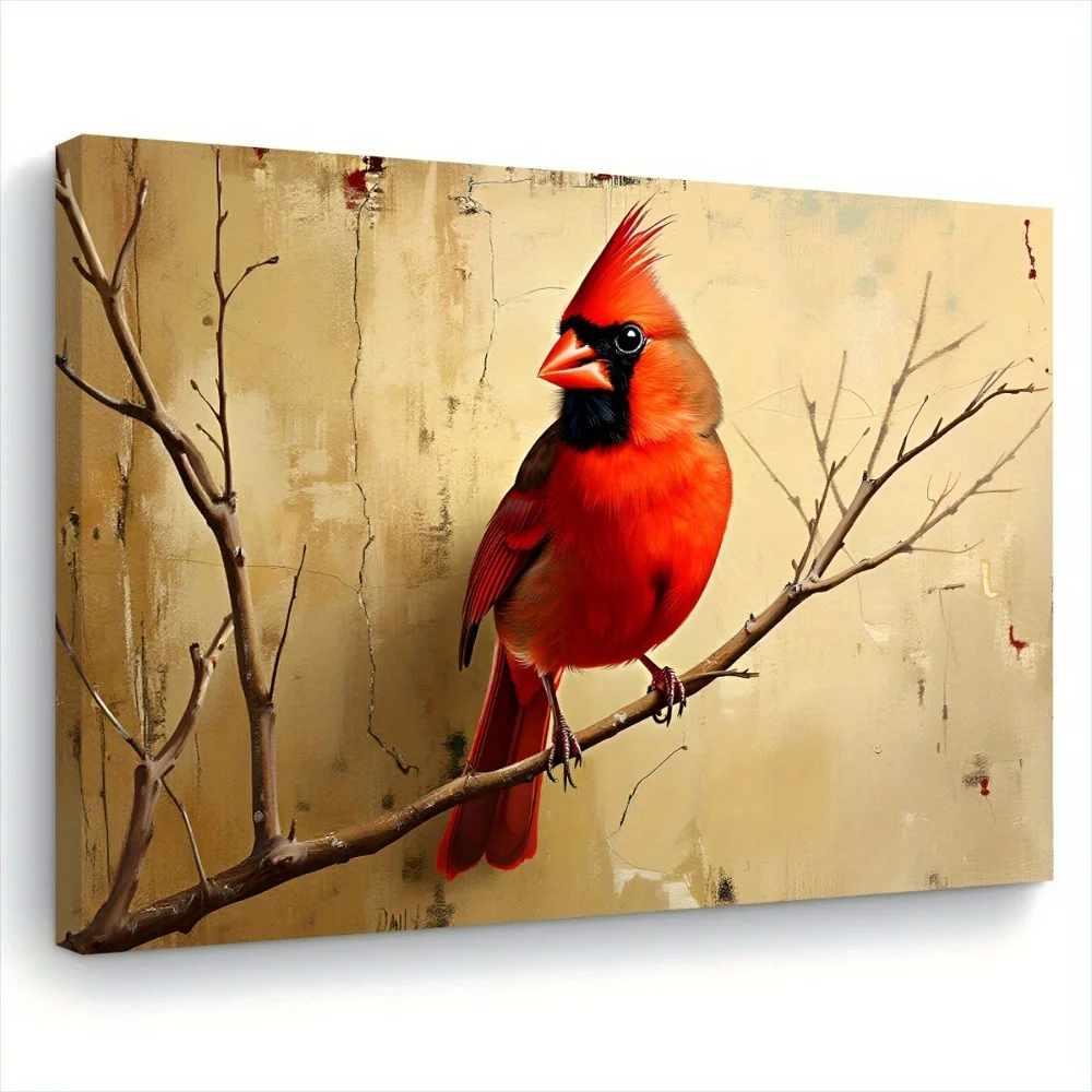 [2D Flat] 1pc Cardinal rojo vibrante sobre rama Lienzo, 11,8x15,7 pulgadas, marco de madera, listo para colgar - Ideal para la sala de estar,