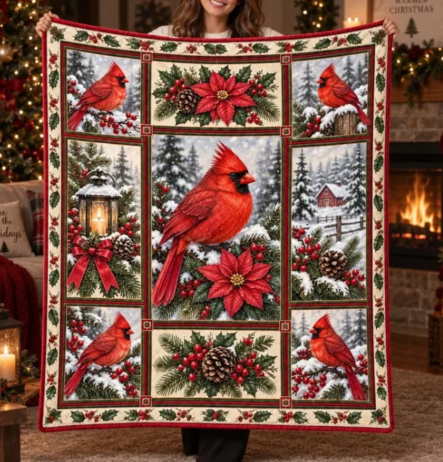 Red Cardinal Poinsettia Winter Forest Blanket, Sherpa, Fleece, Quilt, Woven Options Blanket