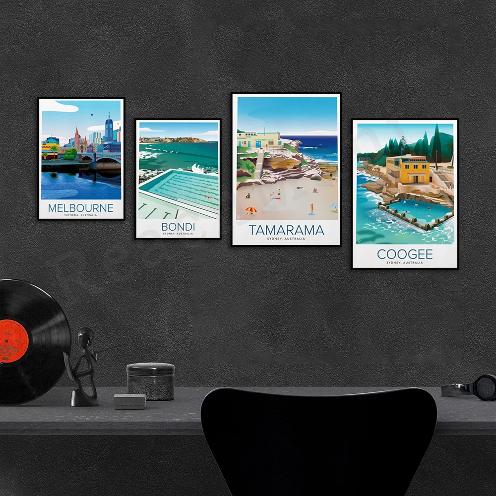 Melbourne City Flinders Station, Bondi Sydney, Coogee Beach, Tamarama Beach, Oriental Bay Wellington New Zealand travel poster - Image 3