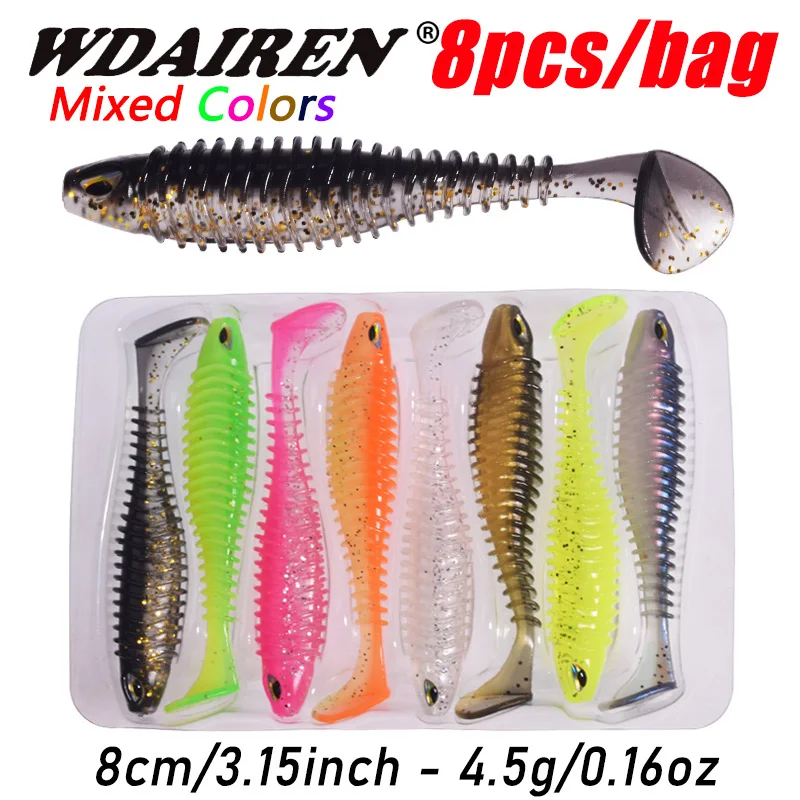 

8pcs/bag 3D Eyes T Tail Fish Soft Bait 8cm/3.15in 4.5g Jigs Wobblers Lures Mixed Colors Silicone Artificial PVC Rubber Bait Bass