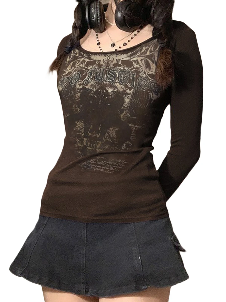 Camiseta gráfica grunge gótica feminina, camisa básica de malha, blusa de manga comprida, roupa estética Y2K, outono