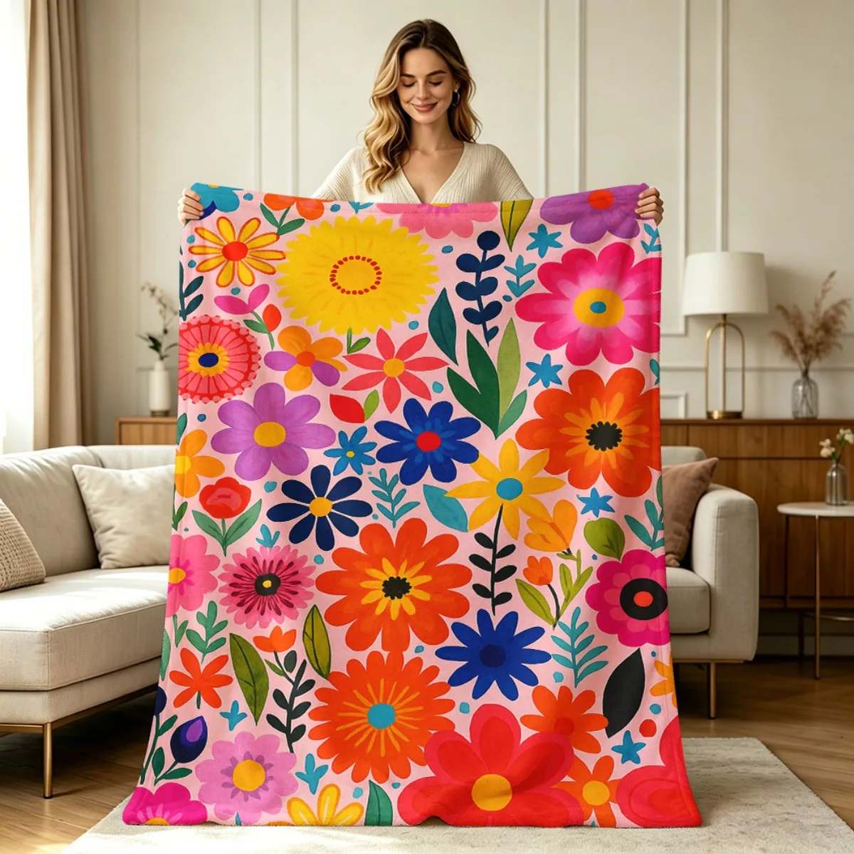 Vibrant Floral Print Throw Blanket Cozy Boho Chic Living Room Sofa Decor Gift for Her