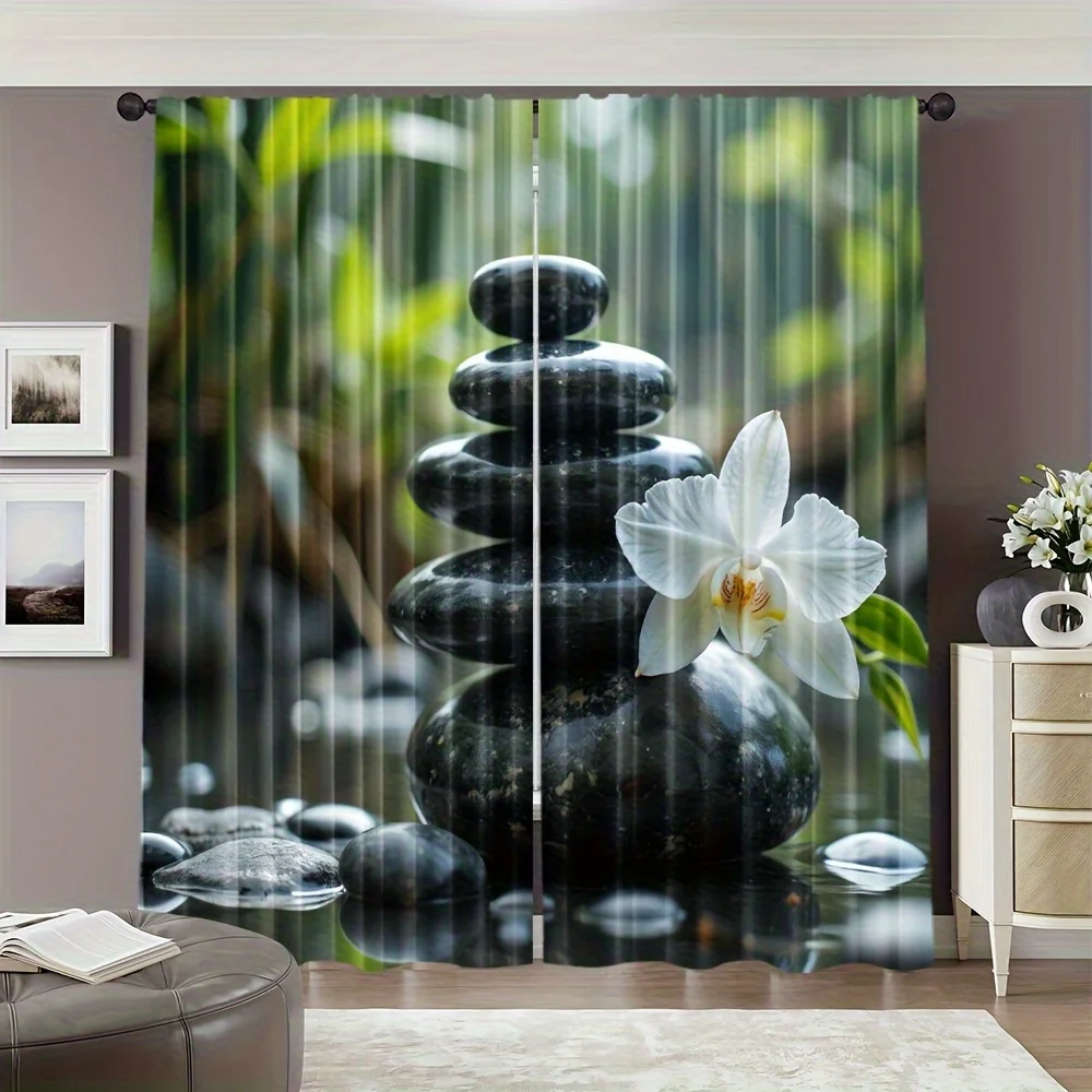Zen Spa Stone Orchid Curtain 2 Panels, Stacked Black Stone White Orchid Water Reflection Green Plant Print Relax Decor Curtain