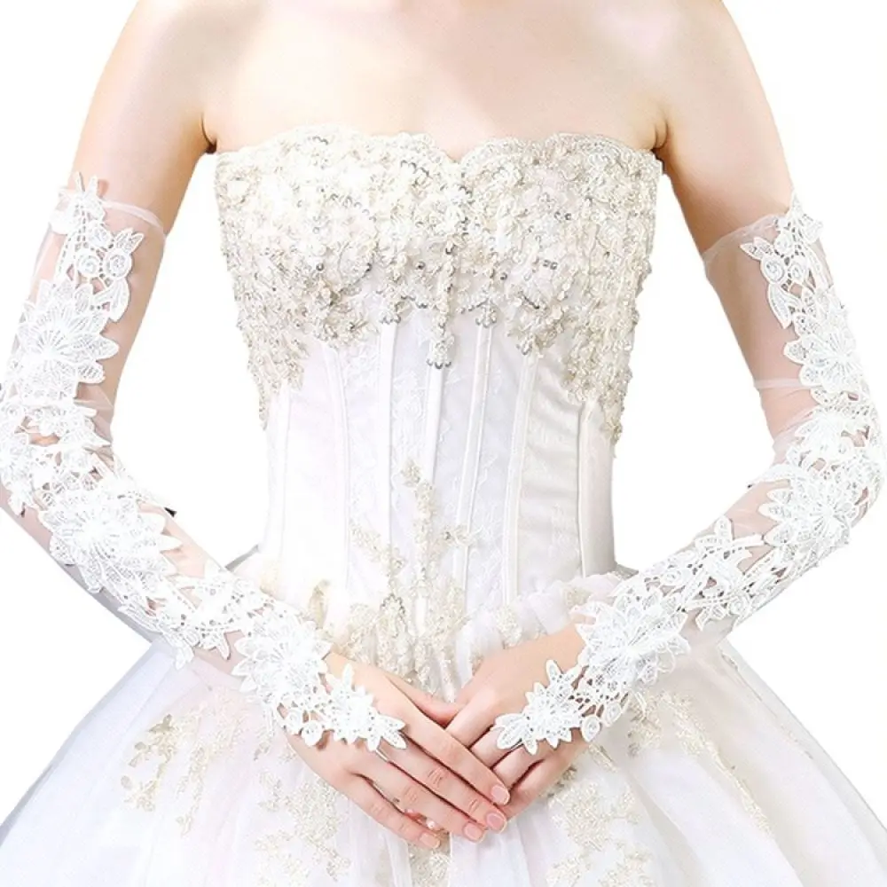 Long Lace Bridal Gloves Women White Sheer Mesh Hollow Out Wedding Party Sleeves Elegant Formal Ceremony Hand Decor