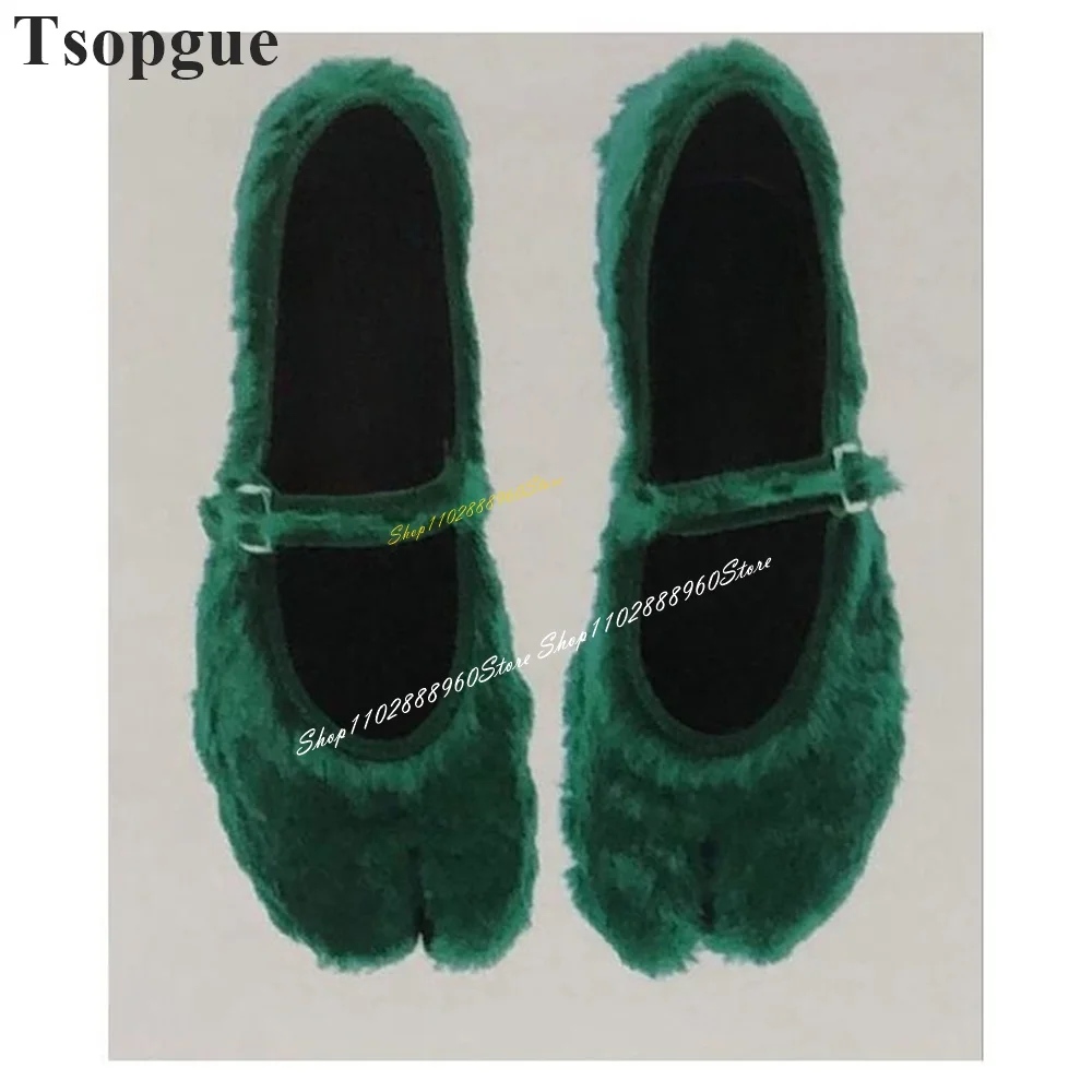 Comfortable Green Furry Shallow Pumps Flat With Shoes For Women Buckle Strap Split Toe 2024 Fashionable Zapatos Para Mujere