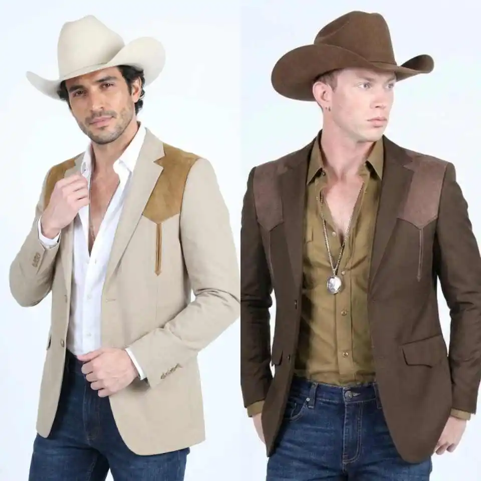 Men's Western Blazer Single Breasted Notch Lapel Suede Patchwork Yoke Two Tone Jacket Cowboy Style Coat Custom Made M264390