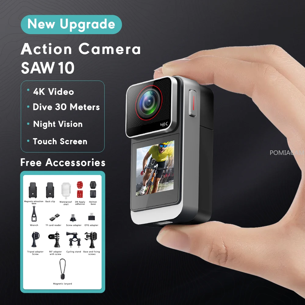 SAW10 4K Action Camera Dual Touch Screen WiFi 150° Wide Angle 30M Waterproof Mini Sports Camera for Vlog Cycling Travel