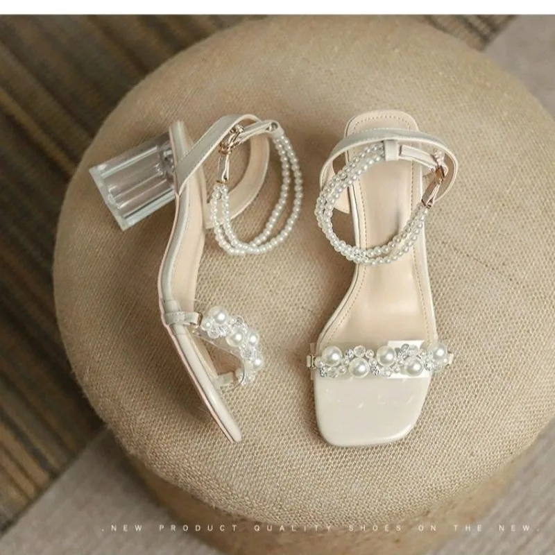 Mid Heel Buckle Strap Modern Sandals Solid Party Shoes Female 2024 High Quality Square Heel String Bead Fashion Women's Sandals