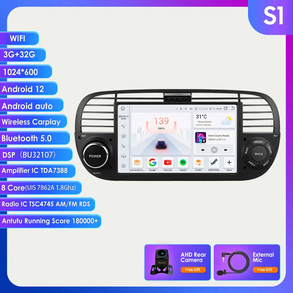 2 din Android Autoradio voor Fiat 500 2007-2015 Carplay Multimedia Video Player Autoradio Stereo 7 inch Intelligente GPS scherm