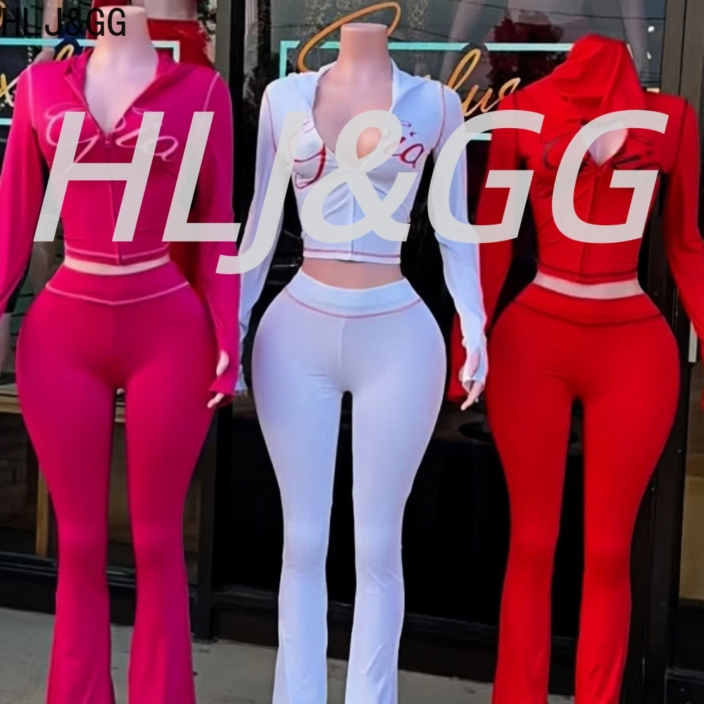 HLJ-Conjunto de dos piezas con capucha y estampado de letras Ins para mujer, Top corto de manga larga con cremallera y pantalones ajustados, ropa de calle Y2K, 2 uds.