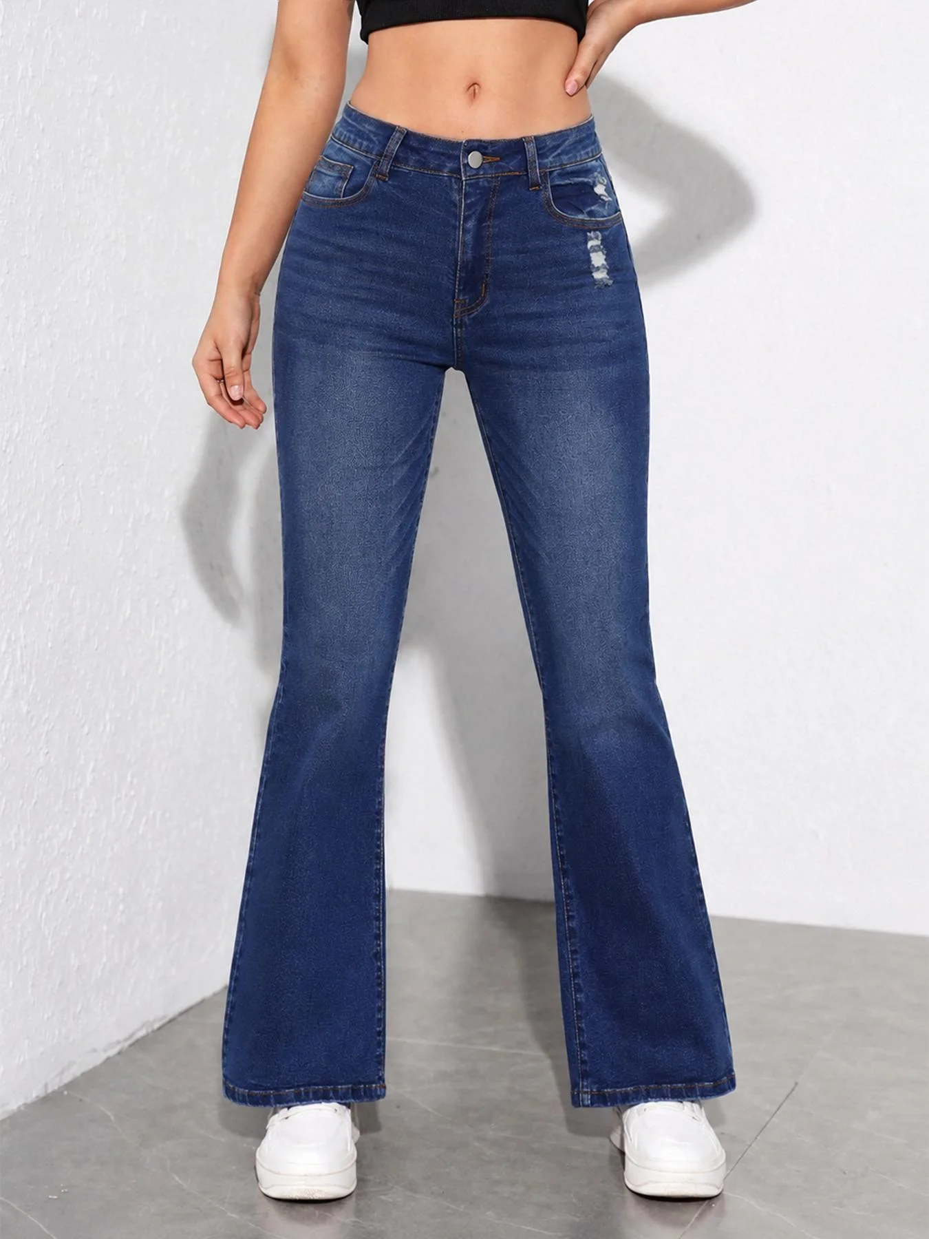 Women's Vintage High-Waist Slight Flare Cropped Stretchy Denim Jeans - Distressed Pocket, Button Accents, Everyday Streetwear