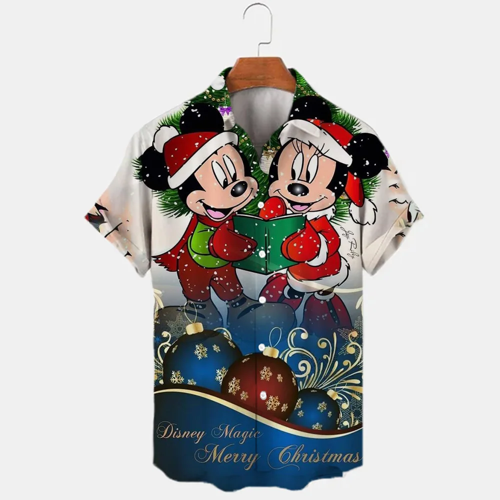 New Christmas Donald Duck Stitch And Mickey Cartoon 3D Printed Men\'s Lapel Short Sleeve Shirt 2024 Harajuku Style Slim Fit Top