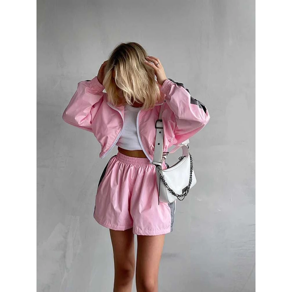 

Women's Casual Fashion Color Block Set Loose Zipper Open Cardigan Long Sleeve Sport Shorts Cotton Polyester Autumn Season