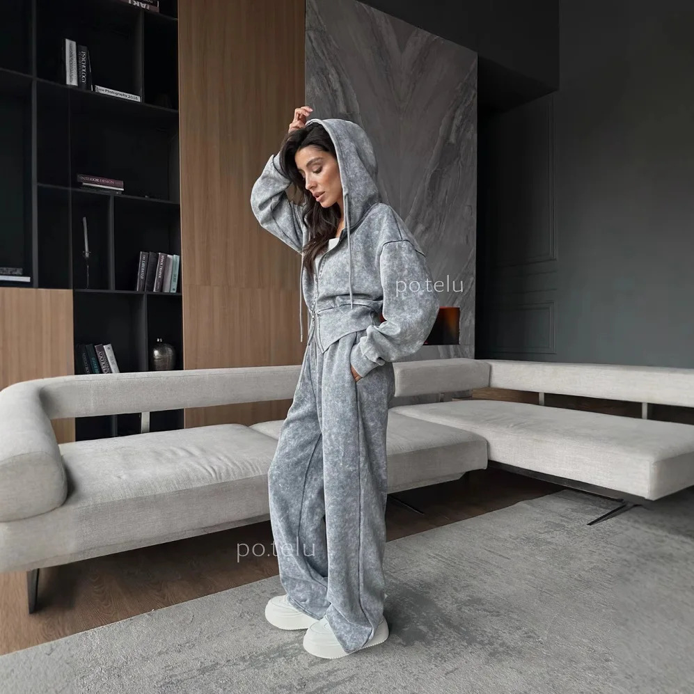 2025 مجموعة هوديي مغسولة محفورة المرأة سحاب أكمام طويلة هوديي أنبوب مستقيم عالية الخصر سراويل تقليدية