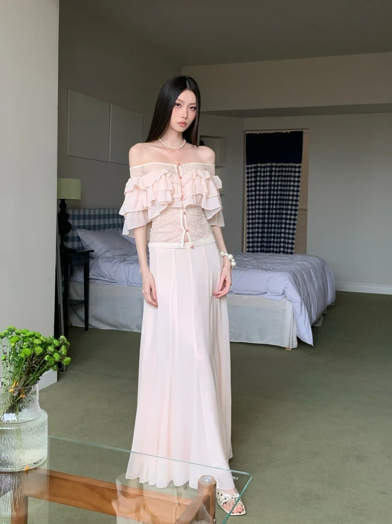 

Spring Summer Beach Vacation Water Pink Long Slimming Fit One Shoulder Hanfu Two Piece Set Women's Style Maxi Skirt