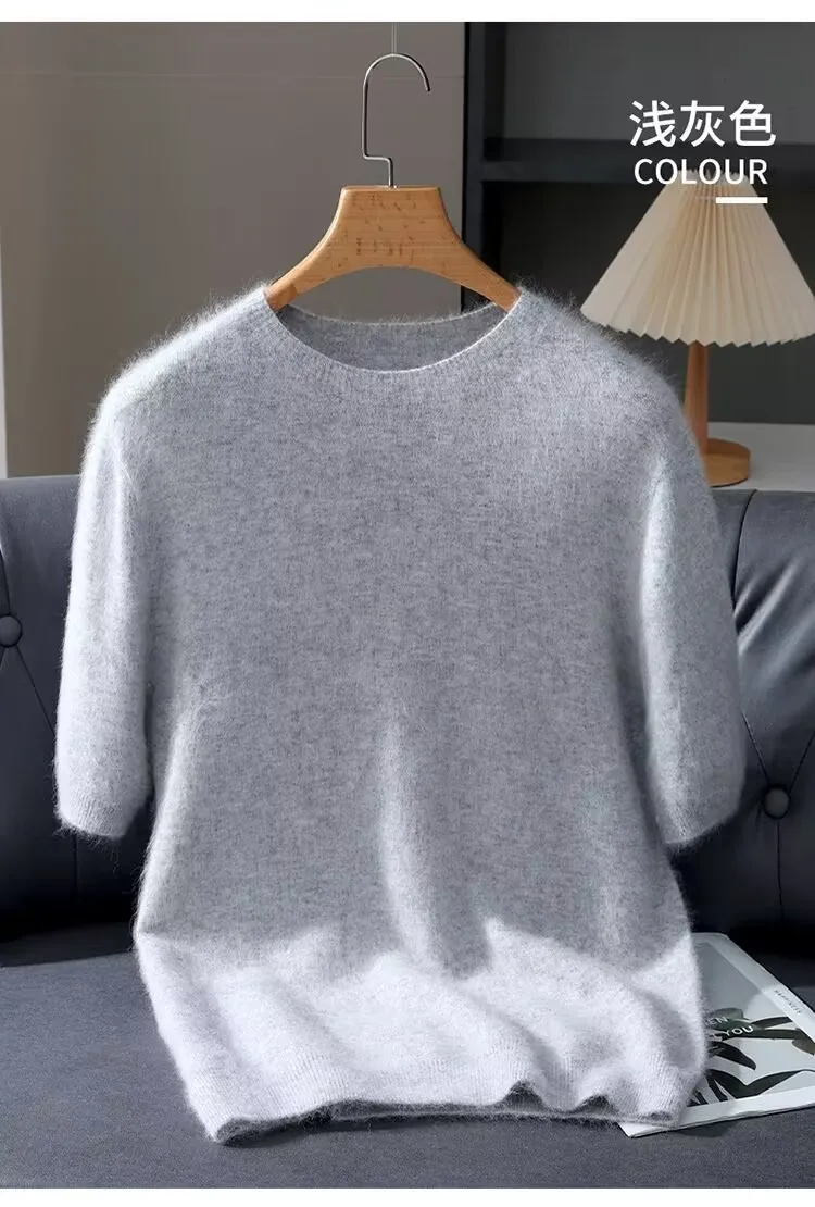 Herrenpullover, kurzärmelig, Sommer-Nerzstrickpullover, lockerer Rundhalsausschnitt, einfarbig, halbe Ärmel, einfaches T-Shirt, lässiges Oberteil – Detail 15