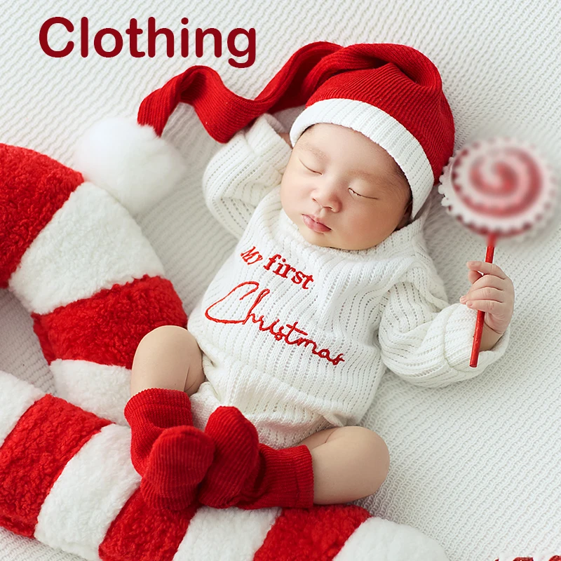 Baby gebreide romper + kerstmuts, pasgeboren kerst fotografie outfit, gigantische snoepgoed kussen lolly decor voor baby fotoshoots
