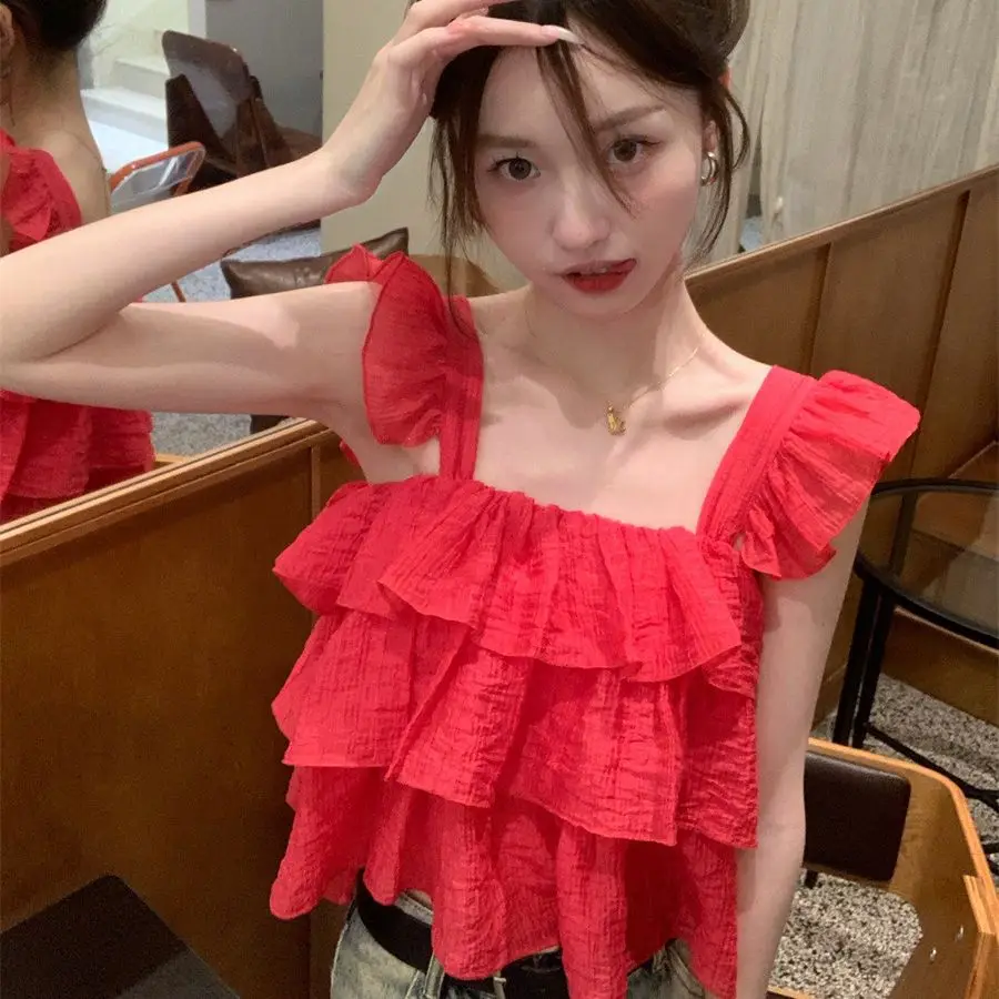 French Ruffle EdgE Camisole For Women's Summer Outerwear, Sweet And Sicy Girl Design, Small Flying SleeveS SleeveleSS Short