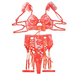 Women'S Erotic Lingerie 4-Piece Floral Embroidery See-Through Ultra-Thin Sets Fly Shoulder Straps Hollow Bra and Thongs Sexy Set