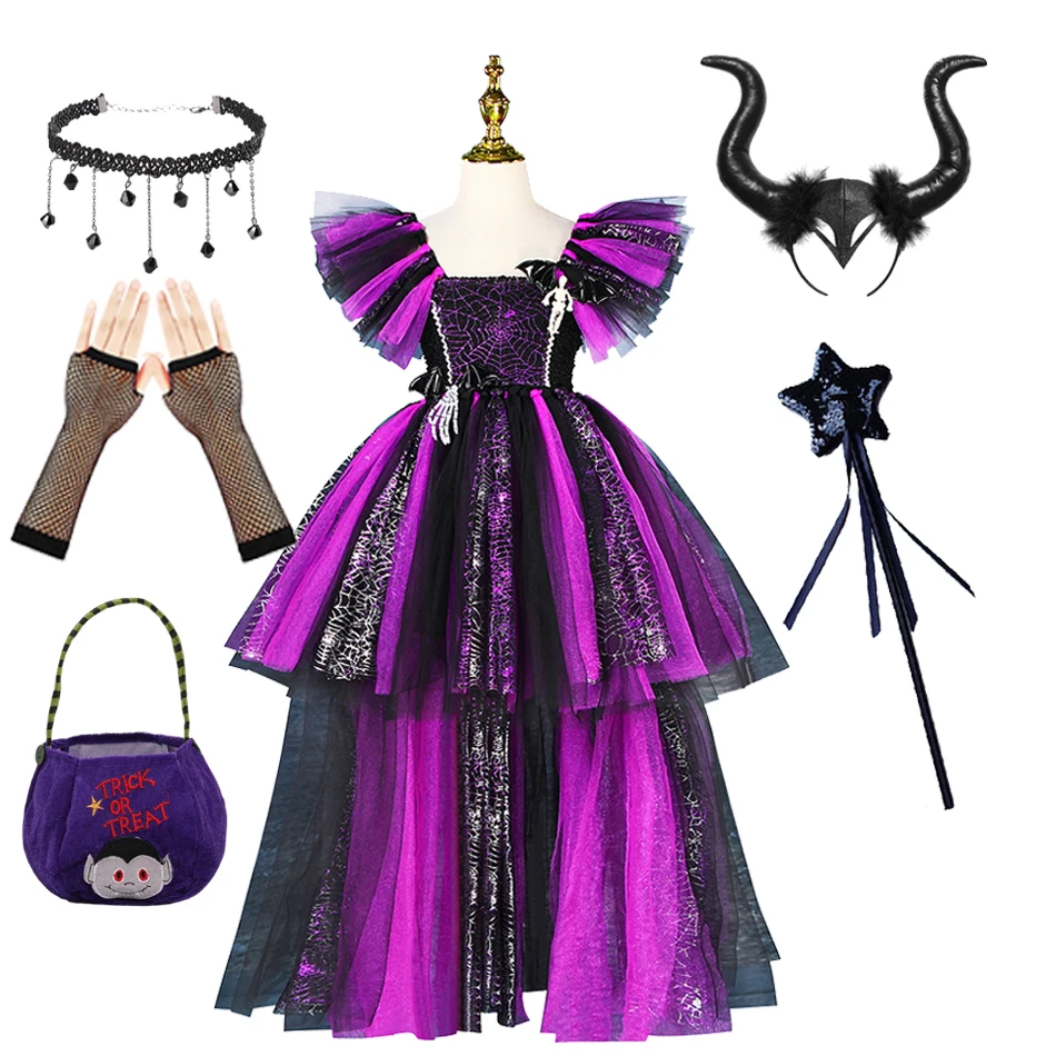 Disney Halloween Maleficent Witch Costume Kids Cosplay Demon Queen Deluxe Trailing Dress Girls Fancy Purple Glam Gown Clothes