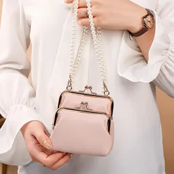 Fashion Women Small Coin Wallets with Pearl Shoulder Strap Double Layer Hasp Female Leather Purses Credit Cards Holder Wholesale