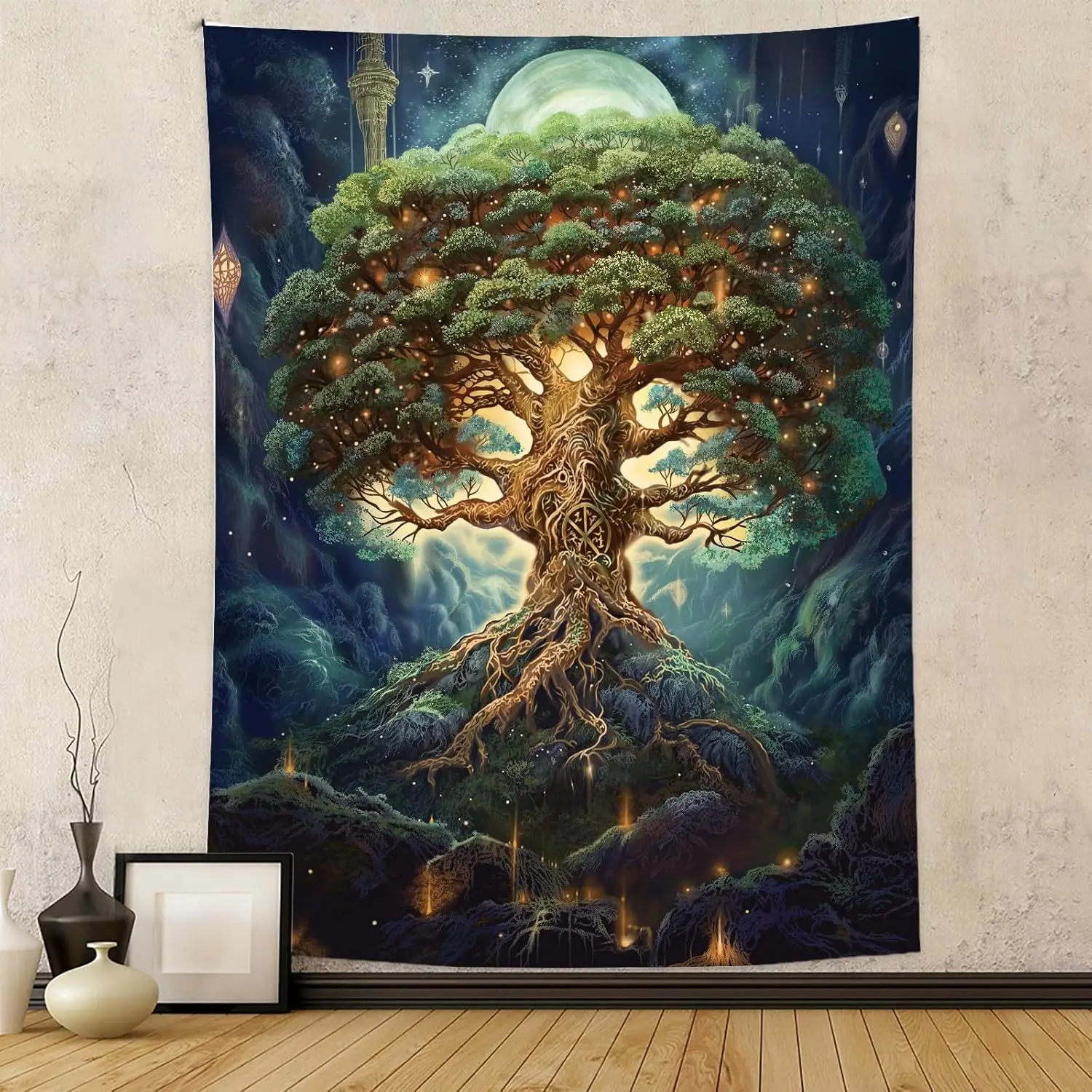 Tapiz Tapzen Árbol de la Vida para Dormitorio - Decoración de Pared con Diseño de Luna, Estrellas, Galaxia y Bosque - Decoración Vertical Boho con Plantas para Sala de Estar