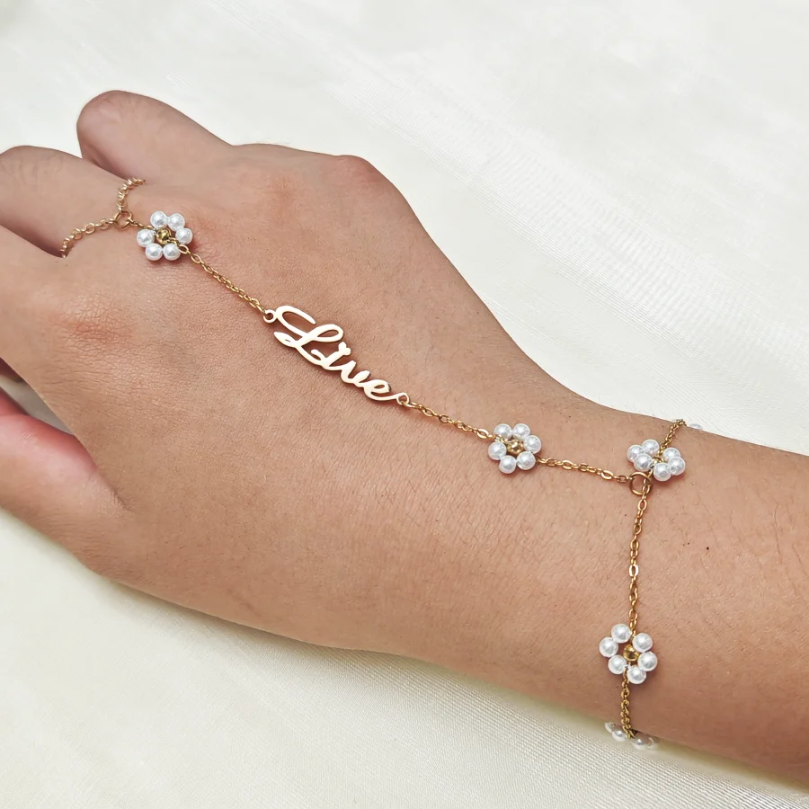 Customized Name Bracelet White Flower Finger Chain Personalized Versatile Imitation Pearl Stainless Steel Bracelet