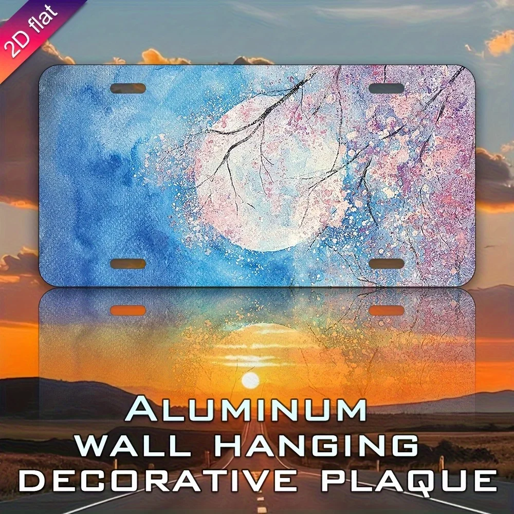 2D Flat Printing, 1pc, Moon and Cherry Blossom, 6x12 Inch for decoration only Aluminum Plate License Plate, Only for Decorative