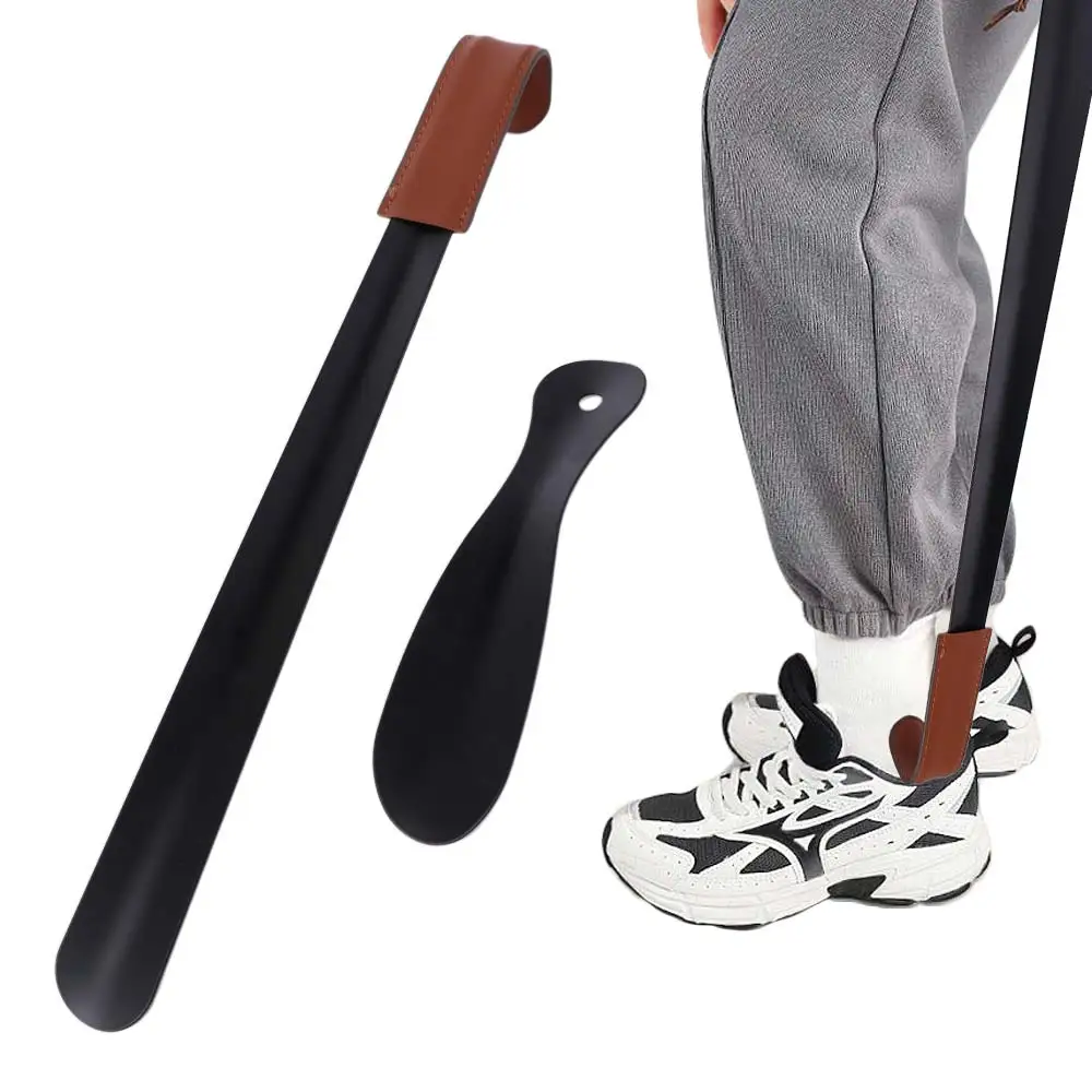 

Long Handle Shoe Horn Leather Strap Stainless Steel Leather Shoe Horn Set Convenient Spoon Shape Long Shoe Lifter